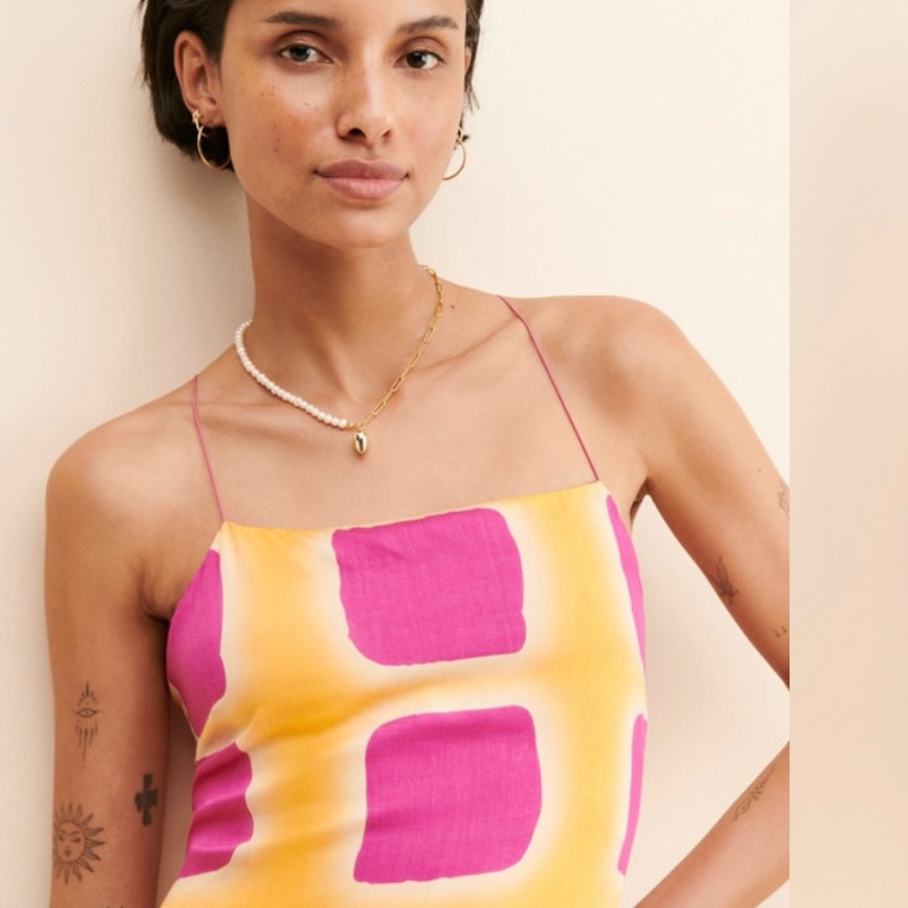 Anthropologie Pink and Yellow Square-Print Midi Slip Dress - Picture 3 of 15
